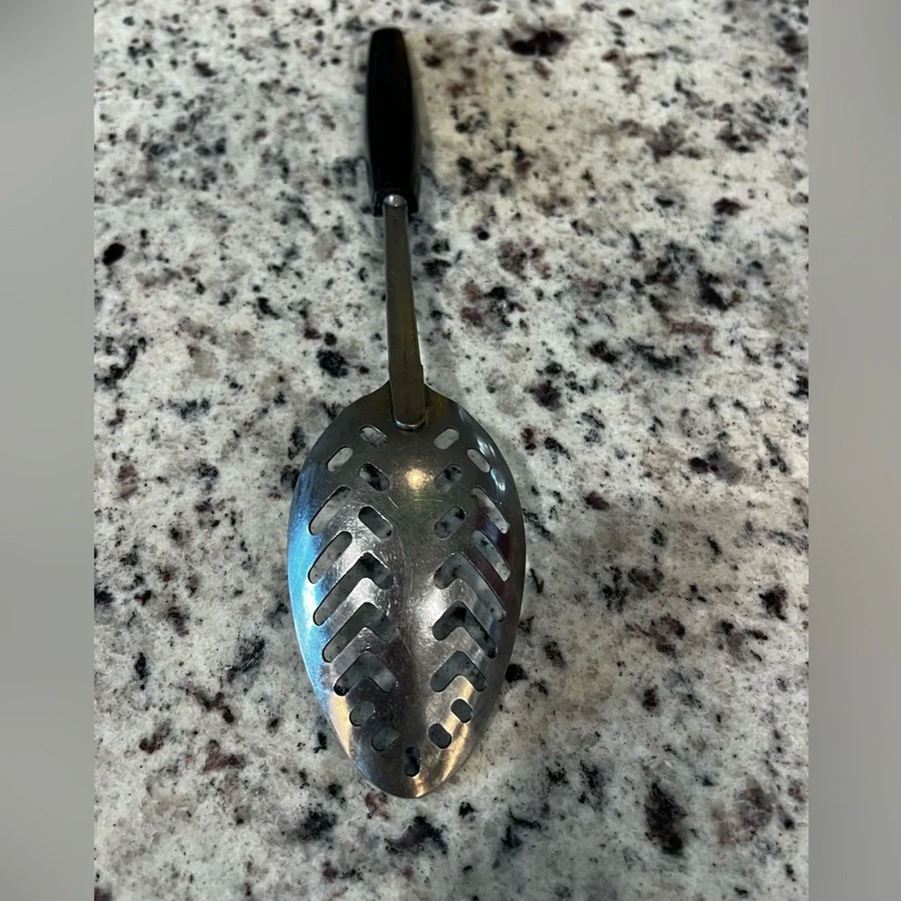 Vintage Ekco Stainless Steel Slotted Servinh Spoon Black Handle Cooking Utensil